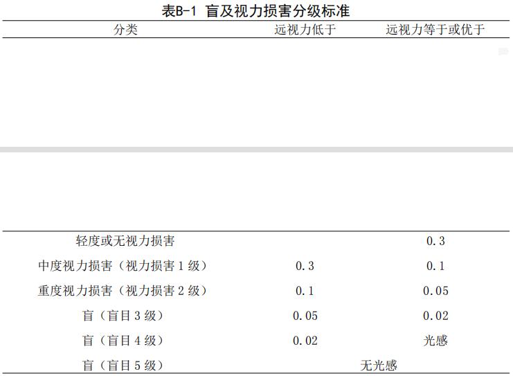 表B-1 盲及視力損害分級(jí)標(biāo)準(zhǔn)