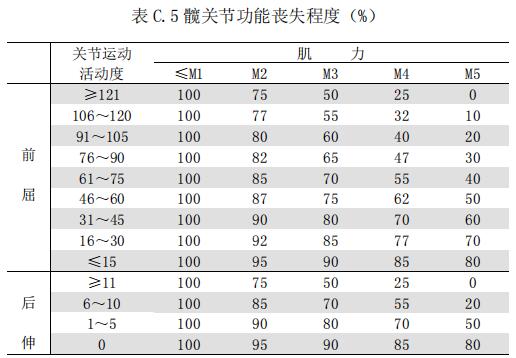 表 C.5 髖關(guān)節(jié)功能喪失程度（%）